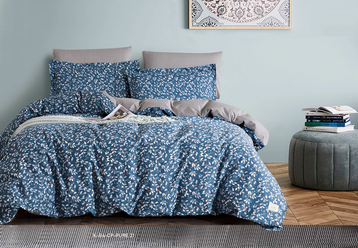 Customized 7-Piece Blue Floral Microfiber Comforter Set | Soft, Breathable, and Machine Washable Bedding with Matching Pillow Shams and Decorative Cushions | Comforter Manufacturer