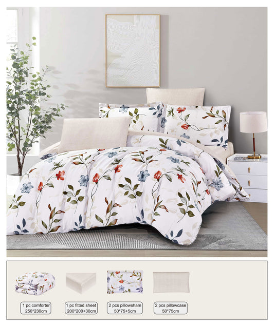 Floral comforter set on a bed with matching pillows in a bedroom setting.