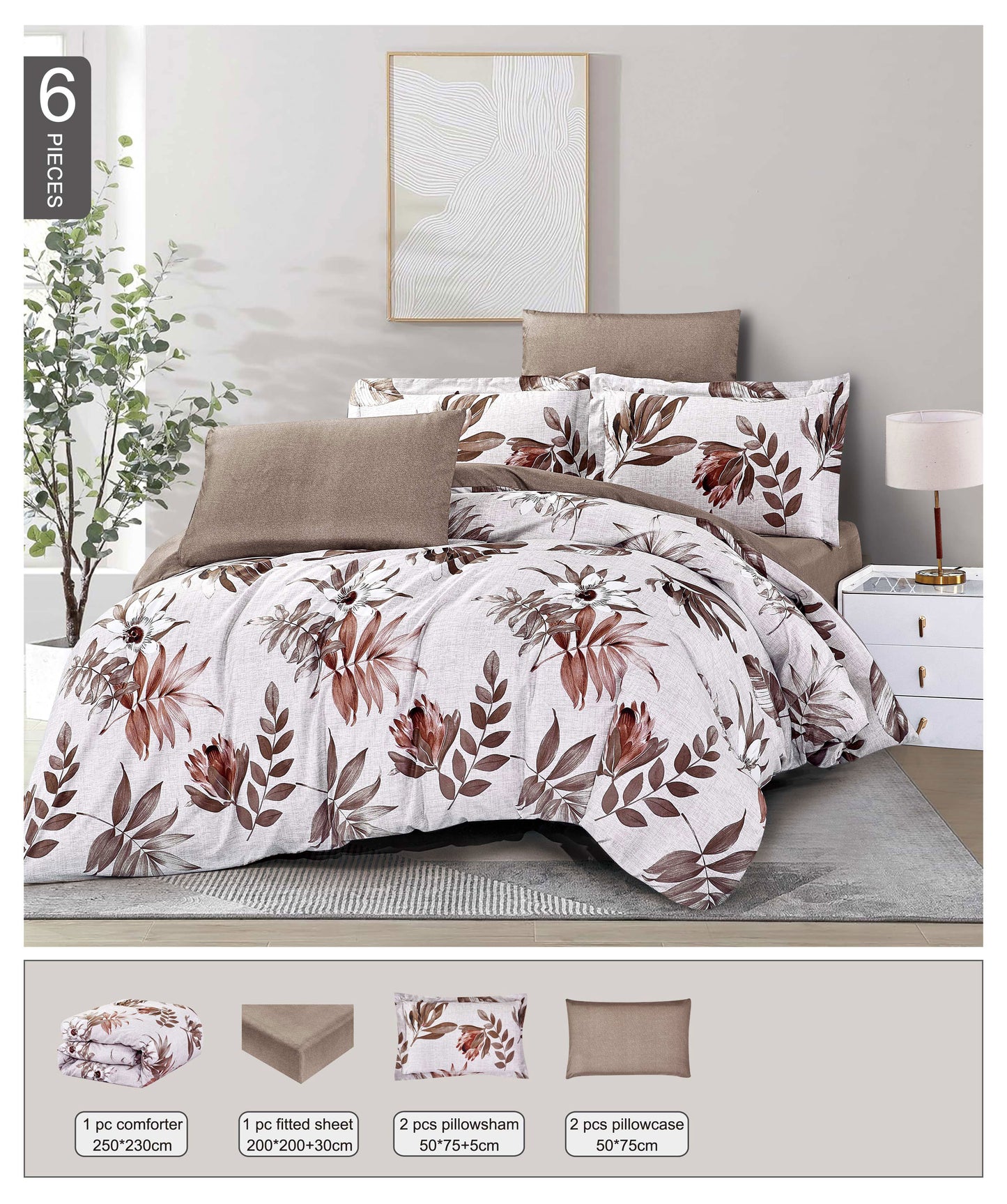 Floral bedding set on a bed with dimensions displayed below.