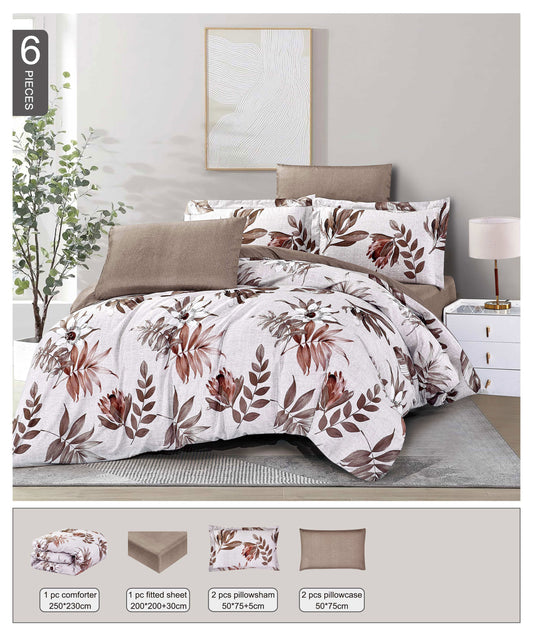 Floral bedding set on a bed with dimensions displayed below.