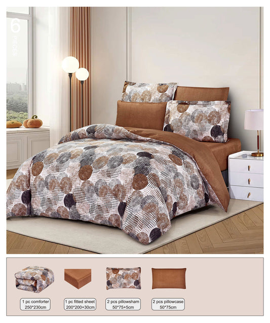 Bedding set with comforter, fitted sheet, and pillows in a bedroom setting.