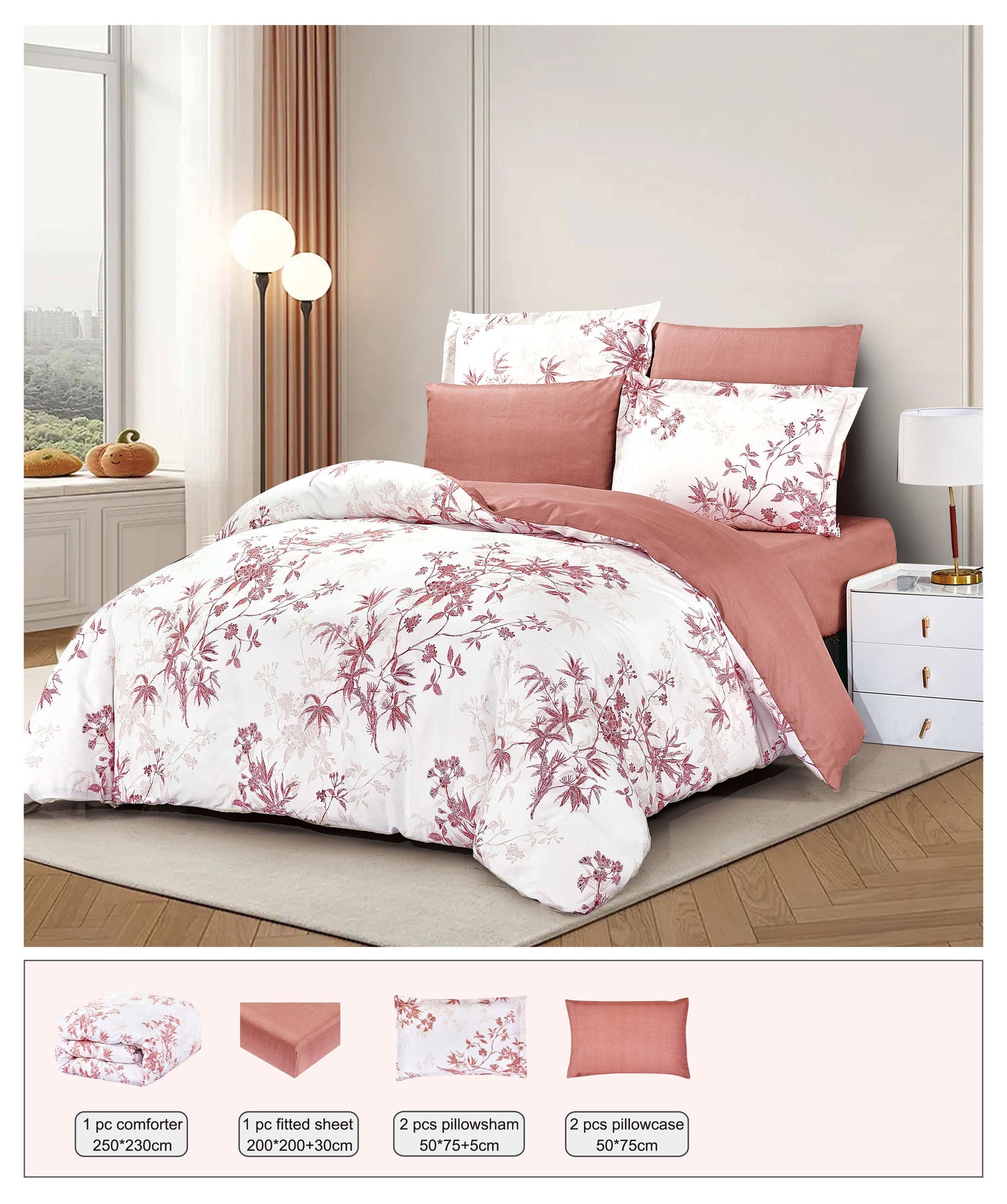 Floral comforter set on a bed with matching pillows in a bedroom setting.