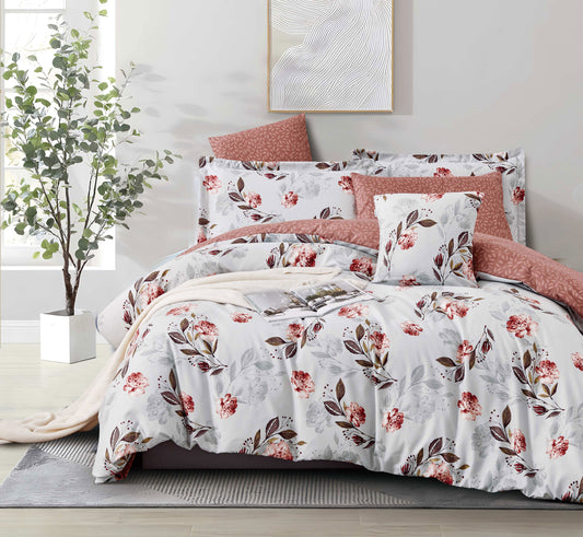 Terracotta Floral Microfiber Duvet Cover Set | Soft, Wrinkle-Resistant Bedding in White with Warm Red and Taupe Blossoms | Fade-Resistant, Easy-Care Comforter Cover for All Bed Sizes & Custom Options