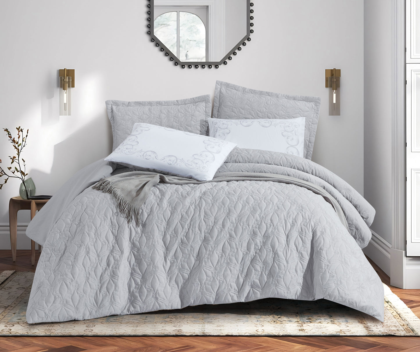 Customized 7-Piece Textured Quilted Light Gray Microfiber Comforter Set | Elegant Embossed Pattern with Decorative Pillow Shams and Cushions | Ultra-Soft, Breathable, and Machine Washable Bedding | OEM Bedding Manufacturer