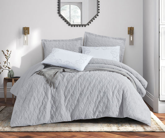 Customized 7-Piece Textured Quilted Light Gray Microfiber Comforter Set | Elegant Embossed Pattern with Decorative Pillow Shams and Cushions | Ultra-Soft, Breathable, and Machine Washable Bedding | OEM Bedding Manufacturer
