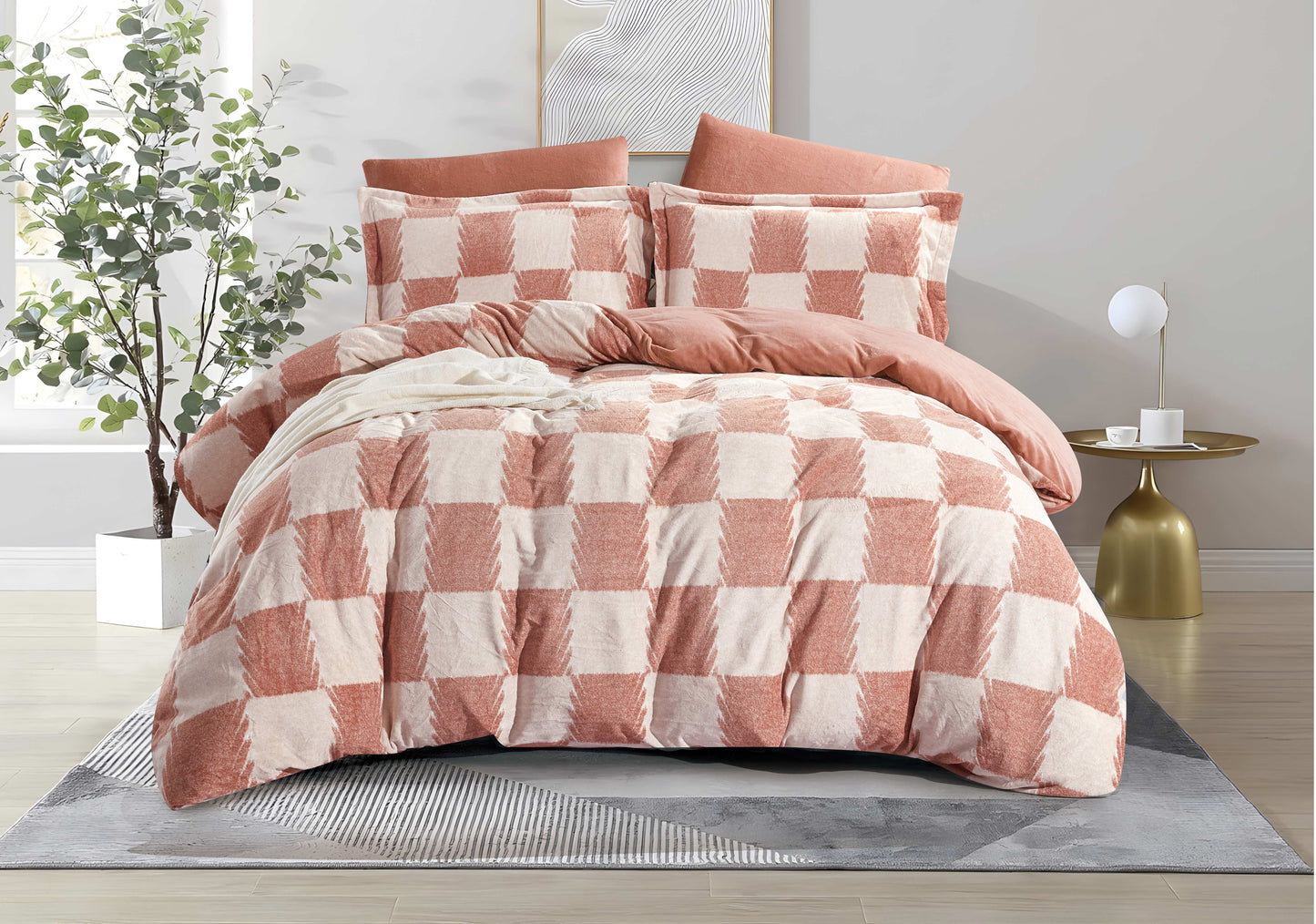 Luxury Terracotta Checkered Cotton Duvet Cover Set | Modern Minimalist Bedding in Warm Earth Tones