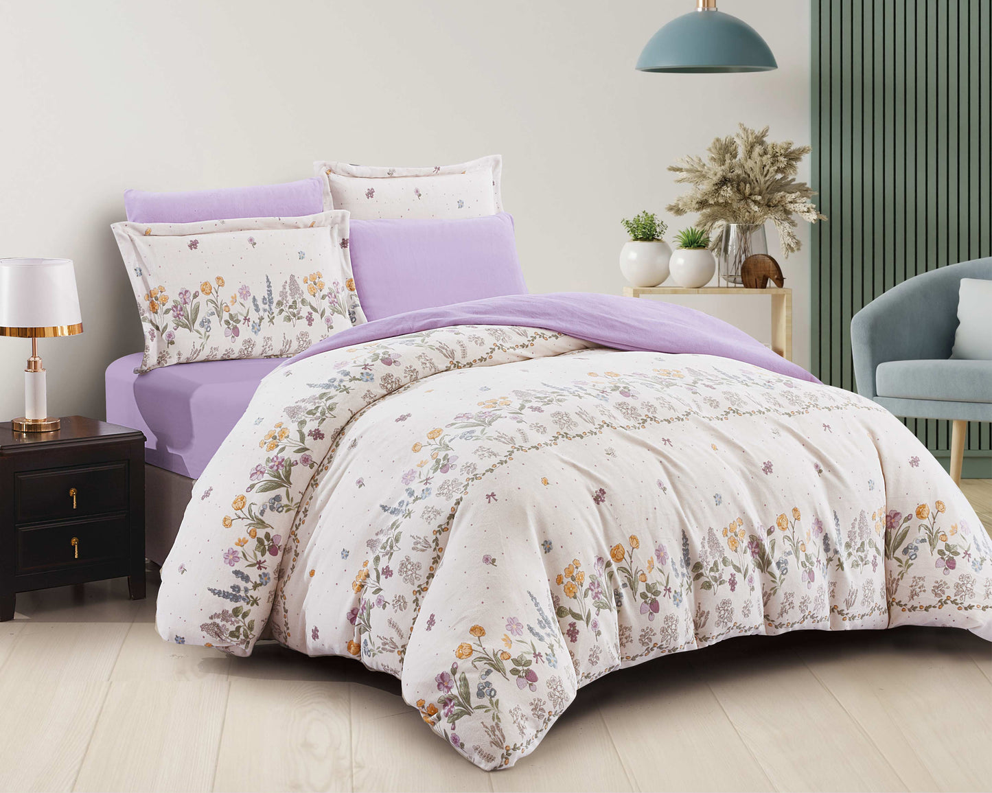 Luxury Lavender Floral Cotton Duvet Cover Set | Romantic Botanical Bedding with Pastel Blooms | Soft Breathable Cotton