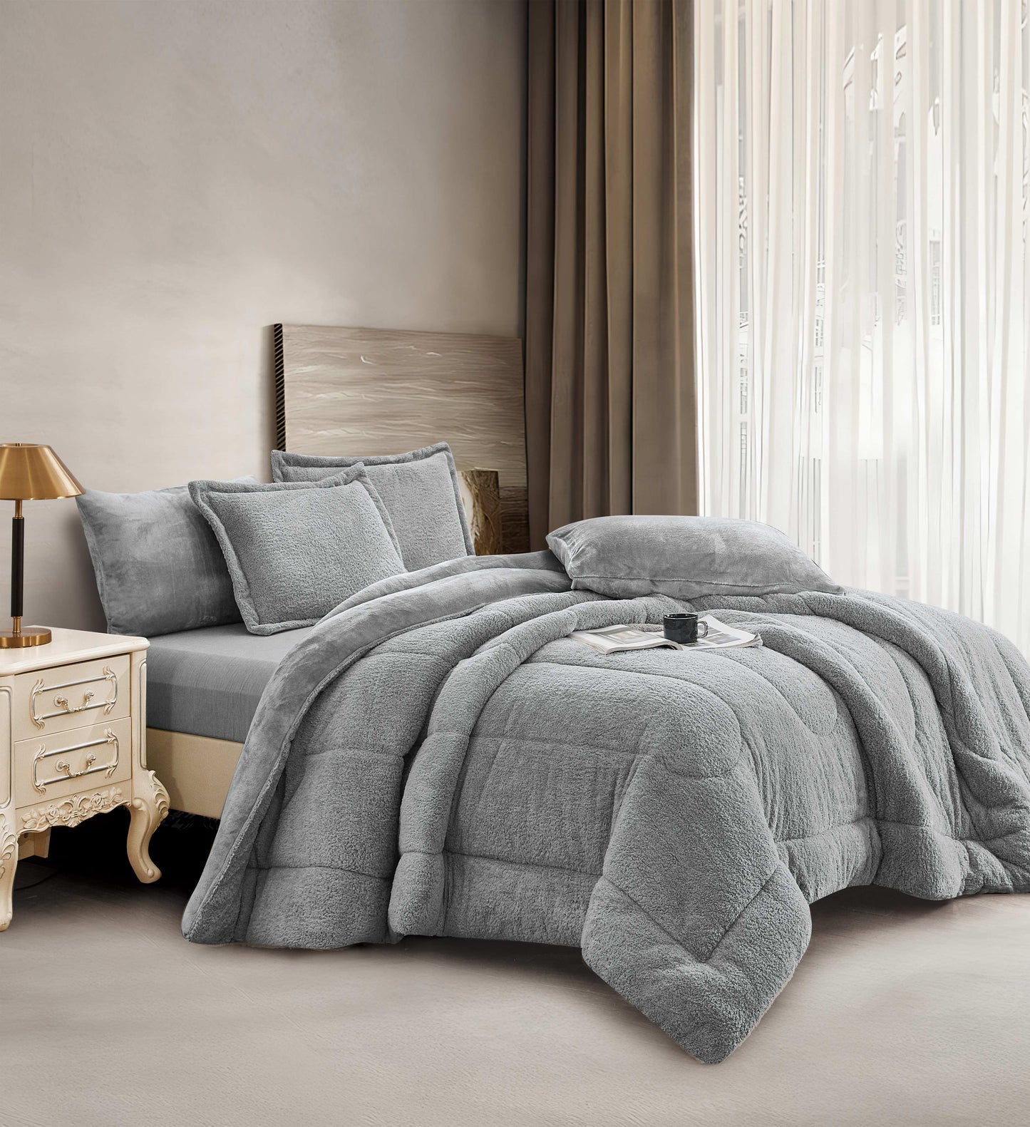 Silver Gray Faux Fur Microfiber Comforter Set | Ultra-Soft Plush Bedding | Machine Washable & Dry Clean Safe