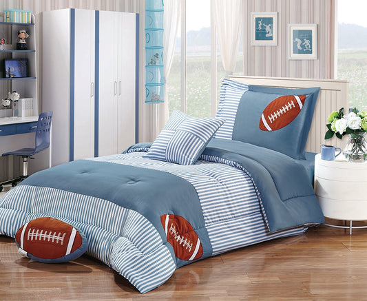 A bedding set with rugby ball print, displayed in a bedroom setting, including a comforter, pillows, and a duvet cover.