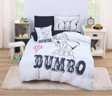 A bedding set with a design featuring the character Dumbo from Disney, with white and black colors predominantly used.