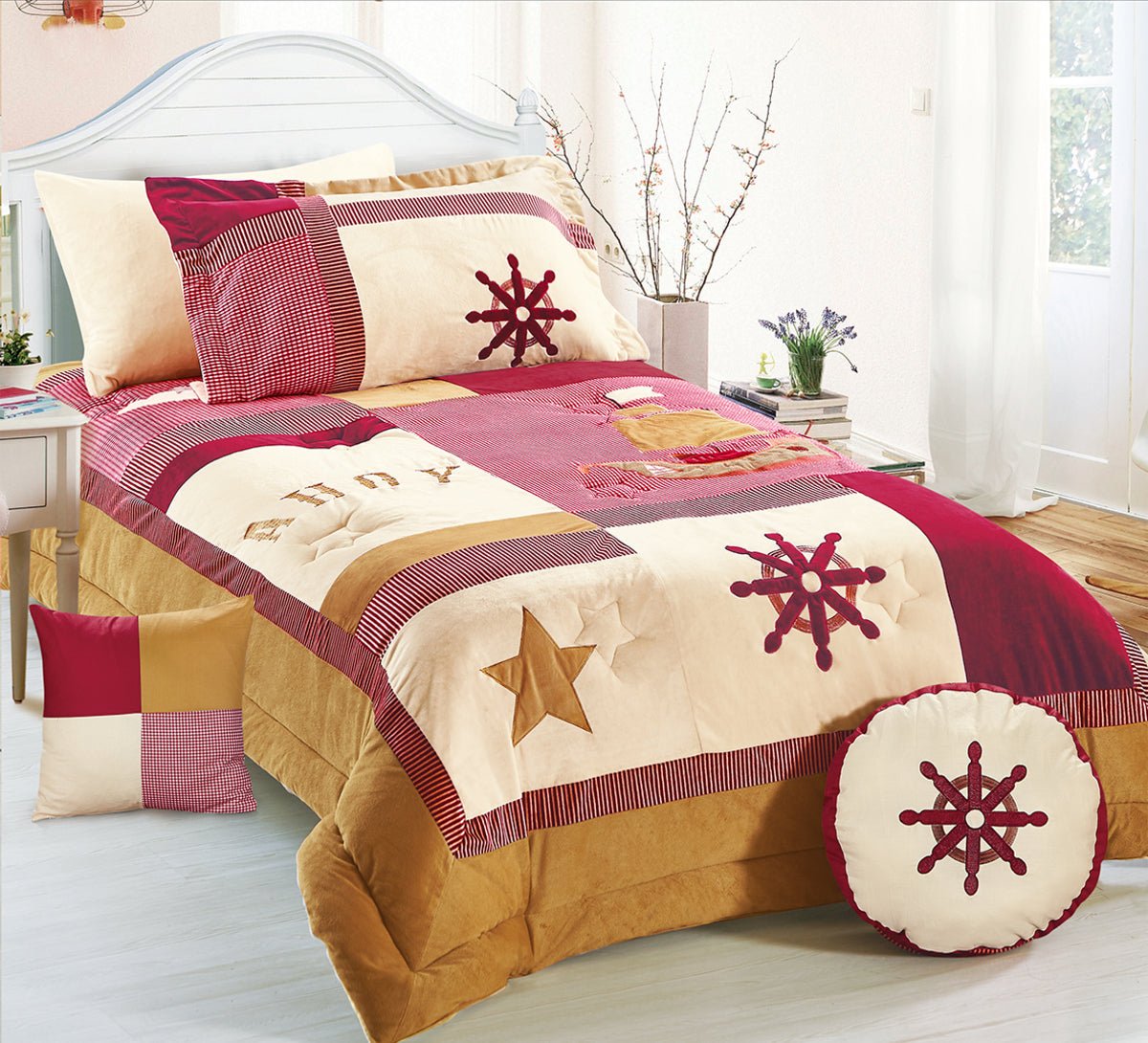 A bedding set with a nautical theme, featuring star patterns and a compass rose design in a red, beige, and white color palette. The set appears to include a comforter, pillows, and a bed skirt.