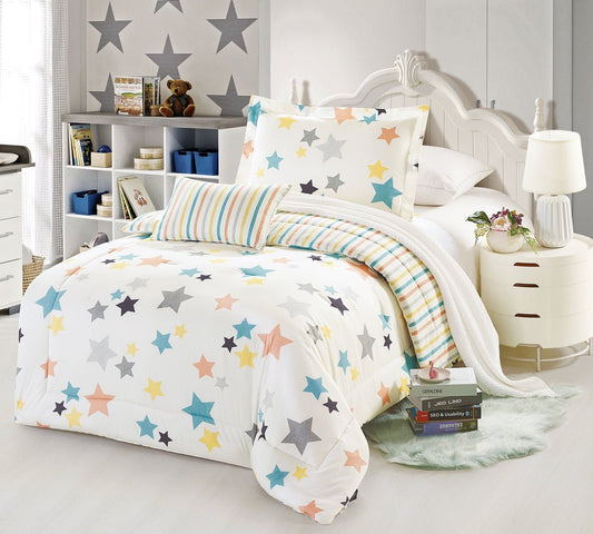 A bedding set with a star print, displayed in a bedroom setting, including a duvet cover, pillows, and a bedsheet.