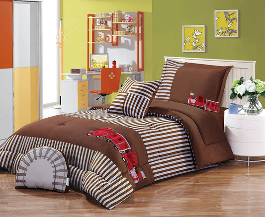A bedding set with a train print, featuring brown, white, and red colors, displayed in a room with children's decor.