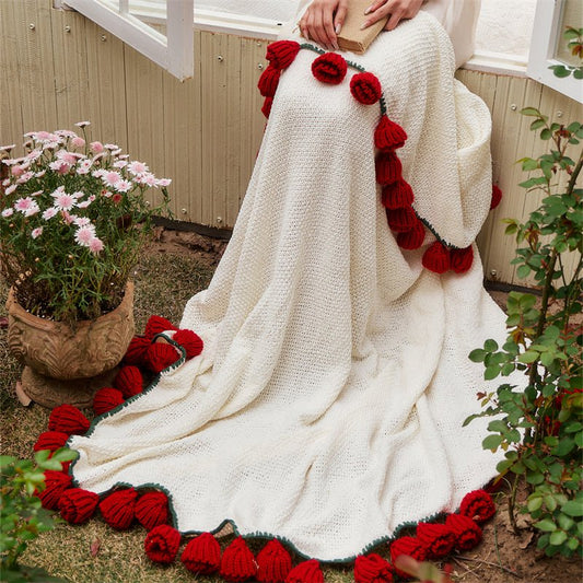 Knitted Throw Blanket with Red Flower Tassels, Cozy Crochet Blanket for Sofa and Bed, OEM Fleece Blanket | blanket manufacturer all size can be customized