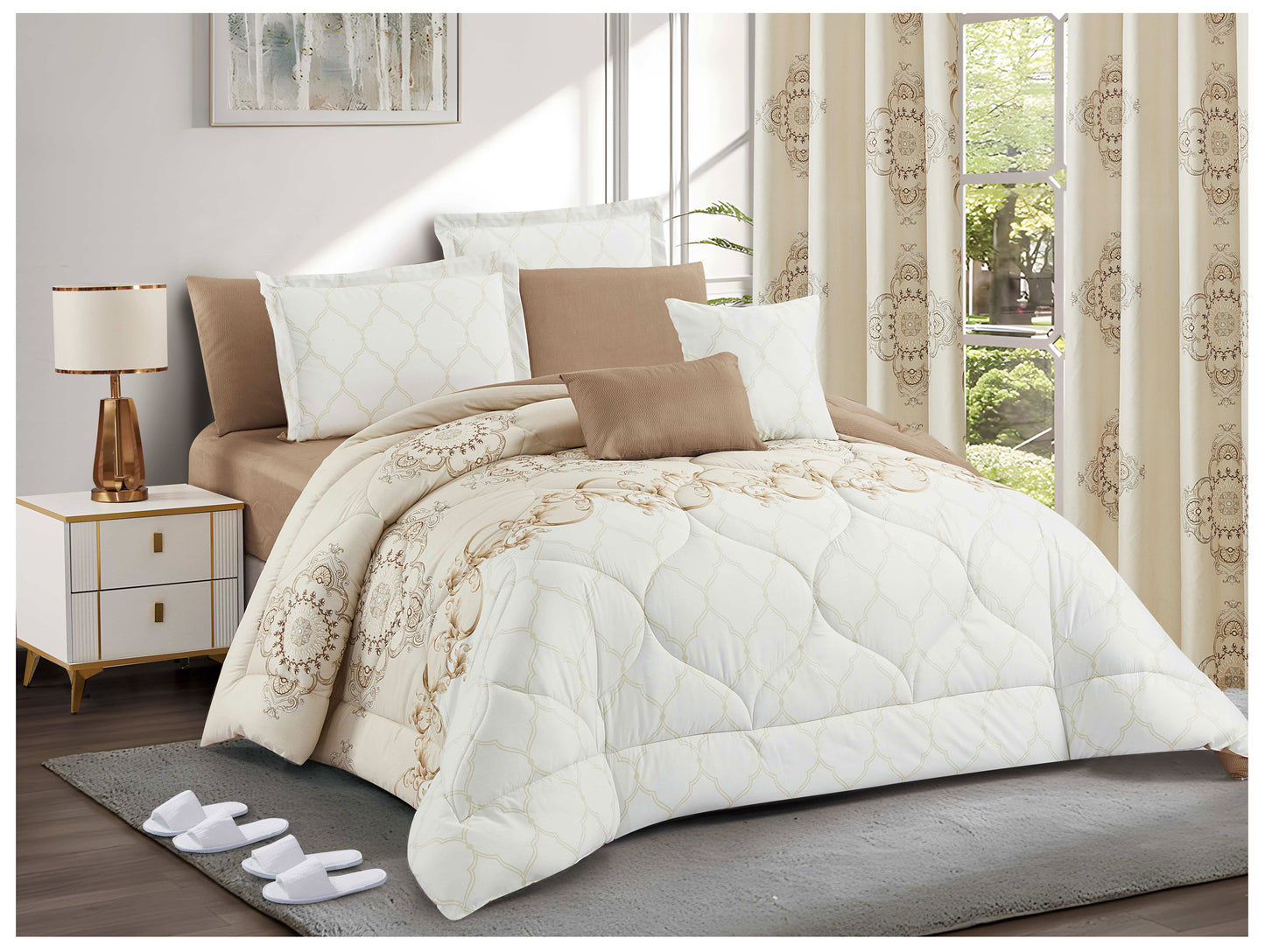 Beige Mandala Comforter Set | Lightweight Microfiber Bedding for Summer and Spring | Soft Breathable Quilt with 1 Comforter, 2 Pillowcases & 2 Pillow Shams | Luxury OEM comforter