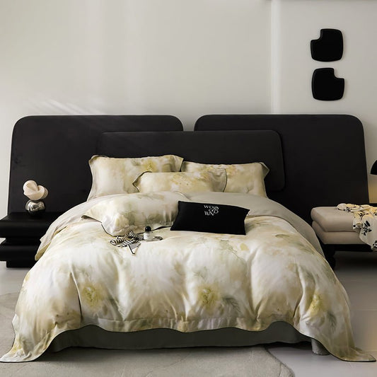 A luxury Tencel duvet cover set in beige and white, displayed on a bed with a modern headboard and decorative pillows.