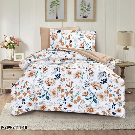 Orange and Blue Floral Comforter Set | Custom printed comforter | Soft Breathable Quilt with 1 Comforter, 2 Pillowcases & 2 Pillow Shams | Elegant White Botanical Pattern for Cozy Bedroom Décor
