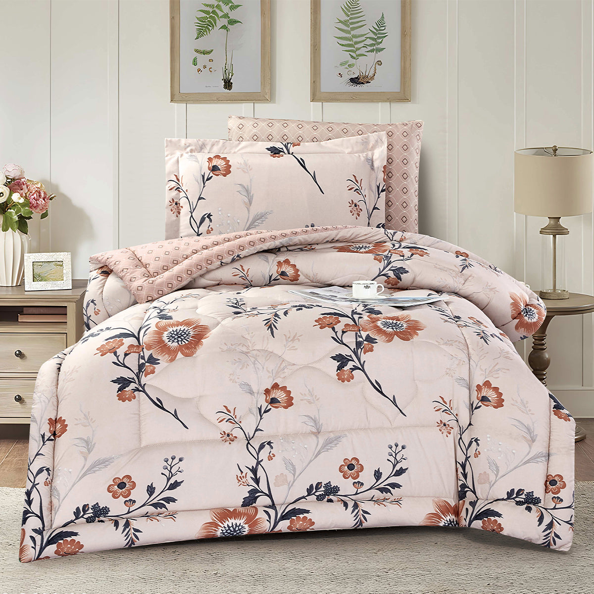 Peach Beige Floral Comforter Set | Lightweight Microfiber Bedding for Summer and Spring | Soft Cozy Quilt with 1 Comforter, 2 Pillowcases & 2 Pillow Shams | Custom comforter supplier