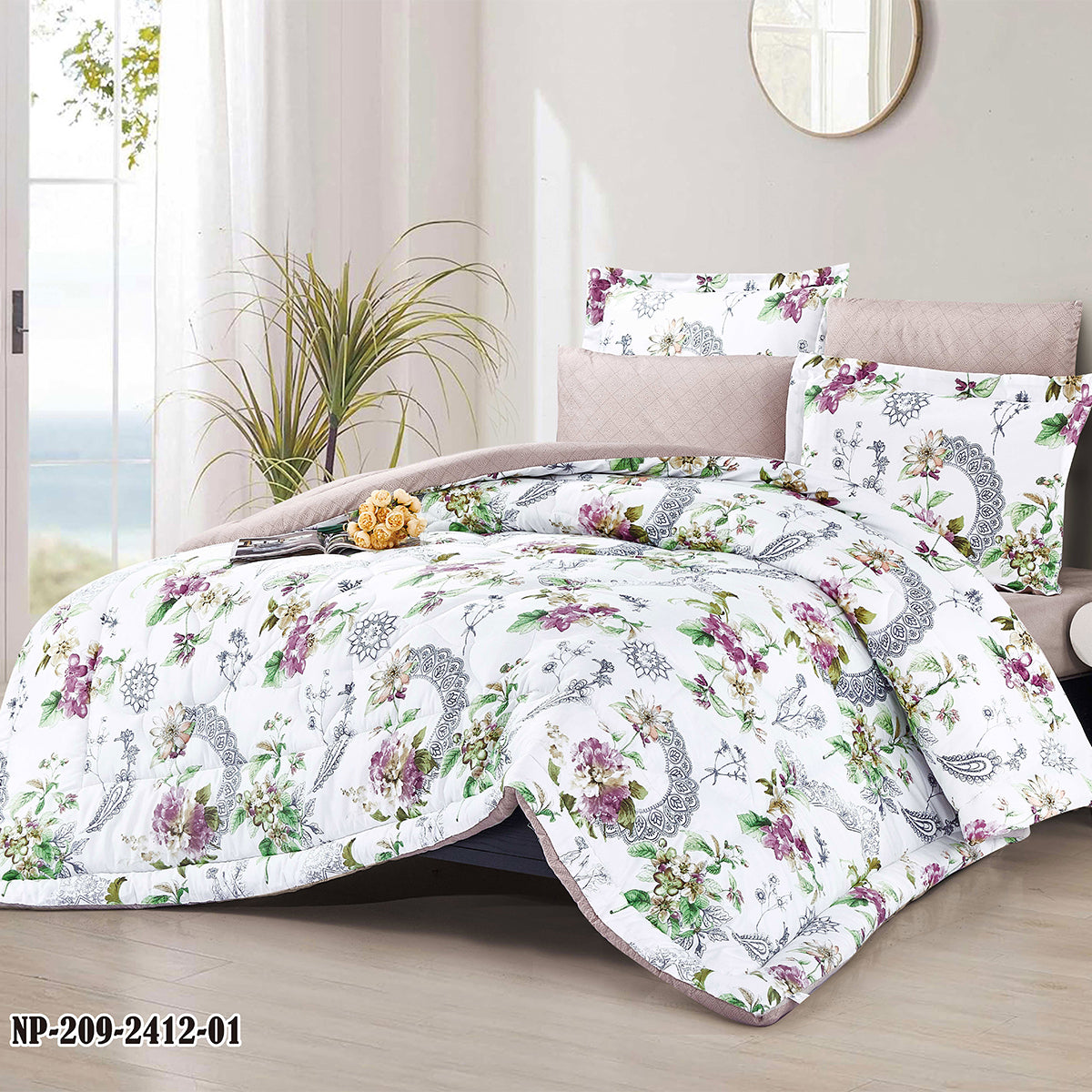 Lavender Floral Lace Comforter Set | Lightweight Microfiber Bedding for Summer and Spring | Soft Cozy Quilt with 1 Comforter, 2 Pillowcases & 2 Pillow Shams | Breathable Elegant All-Season Bedroom Décor