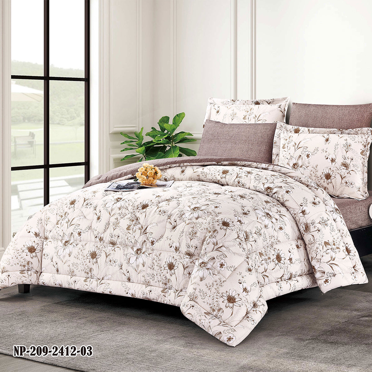 Taupe Beige Floral Comforter Set | Lightweight Microfiber Bedding for Summer and Spring | Soft Breathable Quilt with 1 Comforter, 2 Pillowcases & 2 Pillow Shams | Warm winter comforter OEM