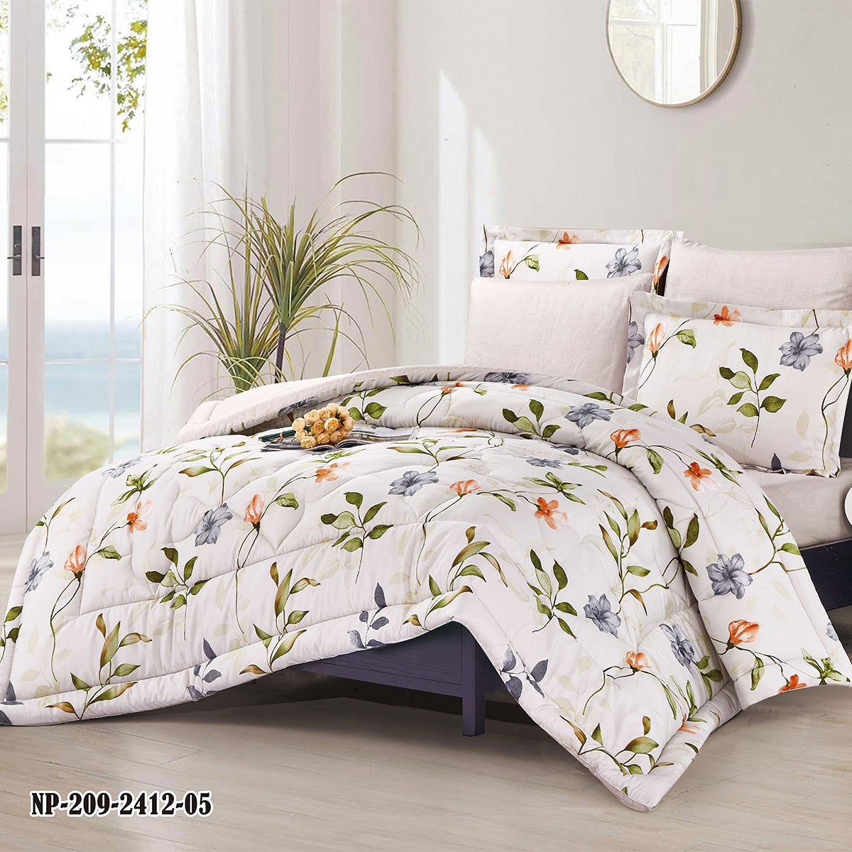Orange Gray Floral Comforter Set | Lightweight Microfiber Bedding for Summer and Spring | Soft Breathable Quilt with 1 Comforter, 2 Pillowcases & 2 Pillow Shams | OEM bedding set manufacturer