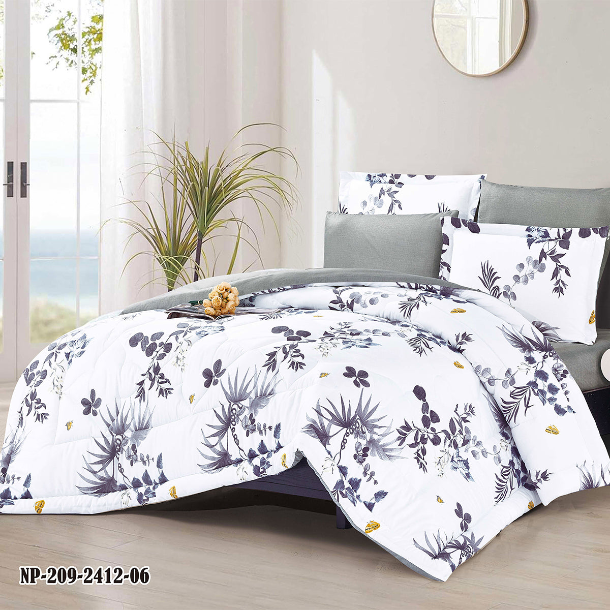 Gray Botanical Comforter Set with Gold Accents | Lightweight Microfiber Bedding for Summer and Spring | Soft Breathable Quilt with 1 Comforter, 2 Pillowcases & 2 Pillow Shams | Modern Floral Pattern for Elegant Bedroom Décor