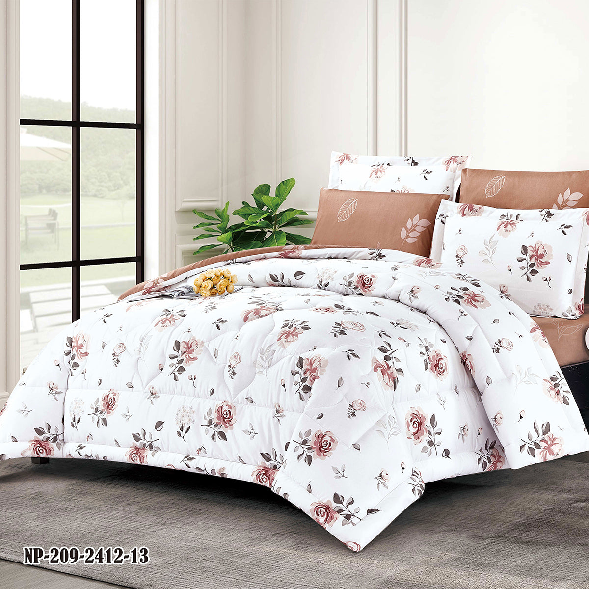 Romantic Rose Floral Microfiber Comforter Set with Pillowcases and Shams | Soft Lightweight Bedding for All Seasons | Custom Sizes Available | Elegant Blush Botanical Bedroom Décor
