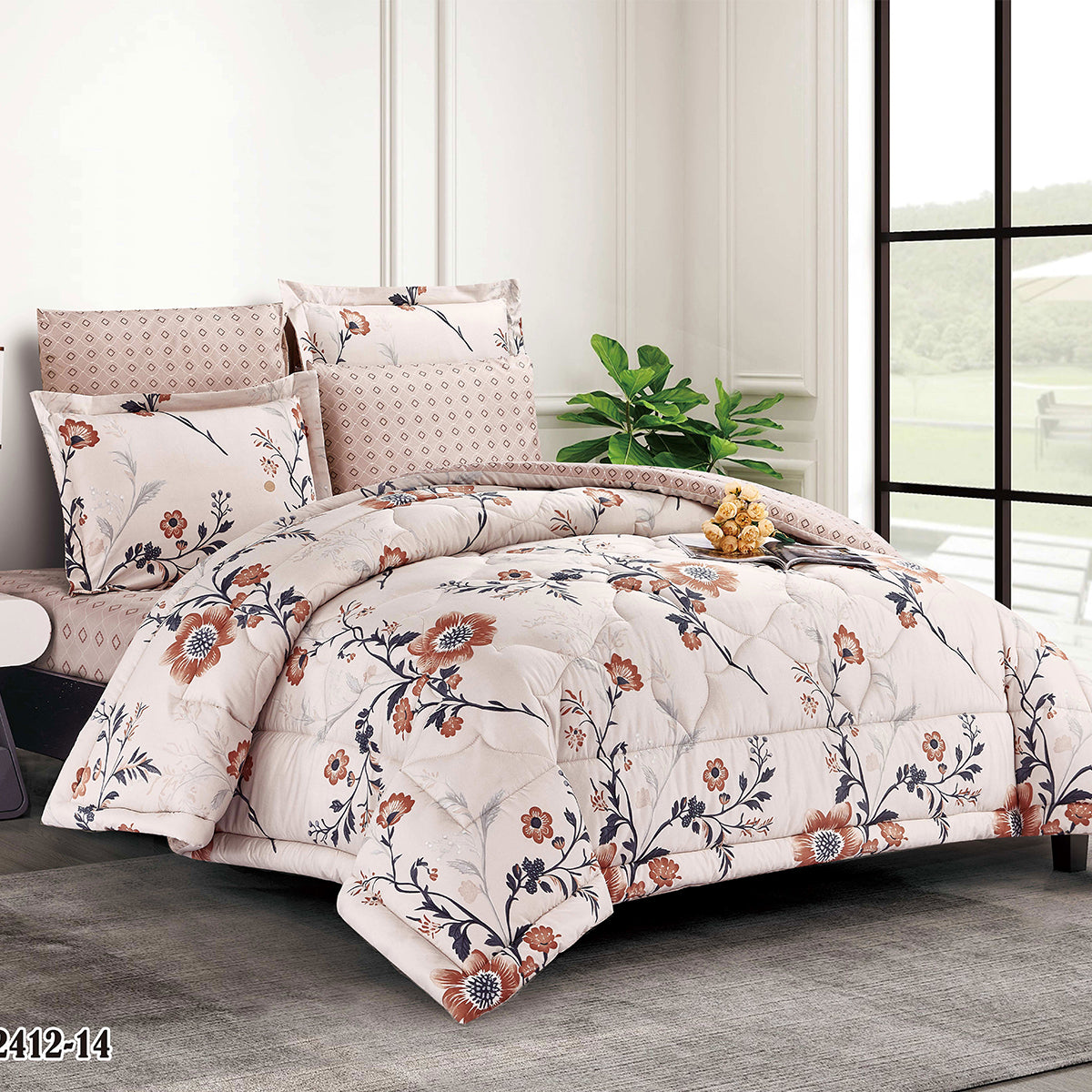 Elegant Terracotta Floral Microfiber Comforter Set with Pillowcases and Shams | Lightweight All-Season Bedding Ensemble | Custom Sizes Available | Modern Botanical Bedroom Décor
