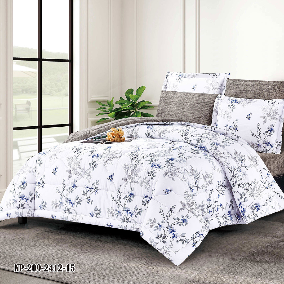 Classic Blue and Gray Floral Microfiber Comforter Set with Pillowcases and Shams | Lightweight All-Season Bedding Ensemble | Custom Sizes Available | Modern Elegant Bedroom Décor