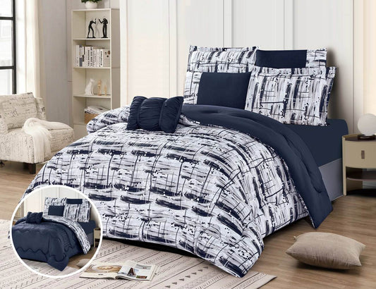 A bedding set with a geometric pattern, featuring a combination of white, blue, and black colors, displayed on a bed with pillows and a comforter.