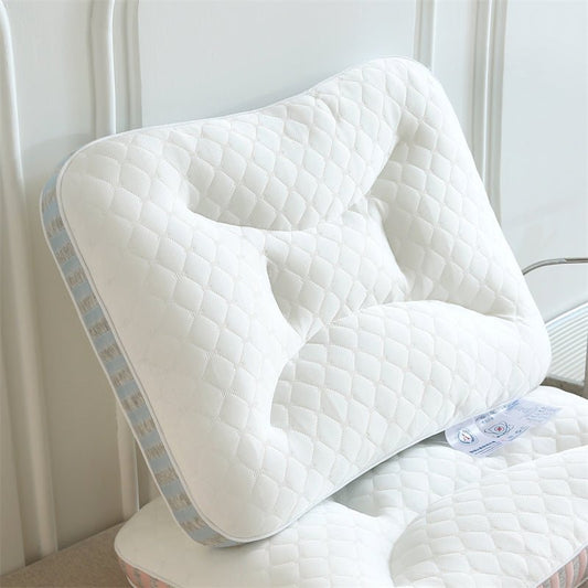 A white, contoured memory foam pillow with a quilted design and a blue zipper.