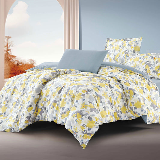 Yellow and Gray Floral Microfiber Duvet Cover Set with Zipper Closure and Corner Ties | Lightweight Soft Bedding with Flat Sheet, Fitted Sheet, Pillowcases & Shams | OEM Home Textile Manufacturer | Duvet Cover Customization Service