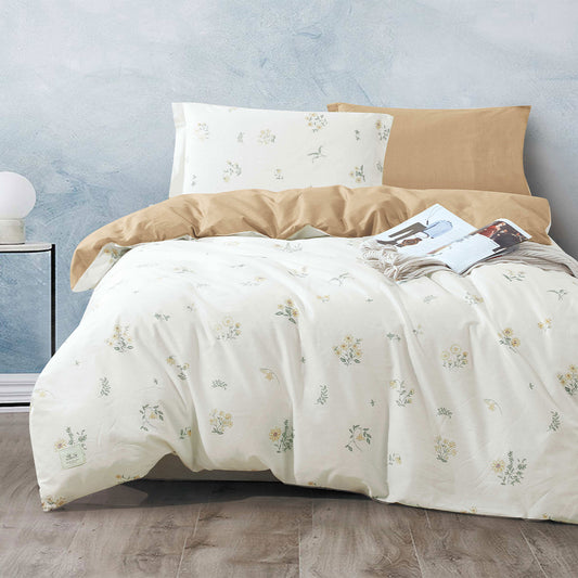 Beige and Cream Floral Microfiber Duvet Cover Set with Zipper Closure and Corner Ties | Soft Lightweight Bedding with Flat Sheet, Fitted Sheet, Pillowcases & Shams | OEM Home Textile Manufacturer | Duvet Cover Customization Service