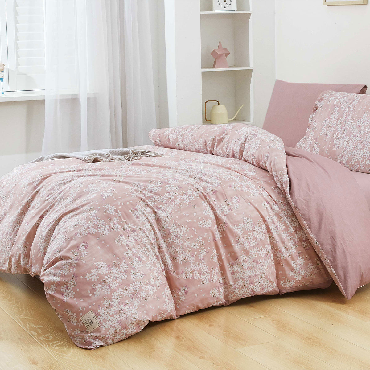 Rose Pink Floral Microfiber Duvet Cover Set with Zipper Closure and Corner Ties | Lightweight Soft Bedding with Flat Sheet, Fitted Sheet, Pillowcases & Shams | Custom Sizes | Elegant Cozy Bedroom Décor