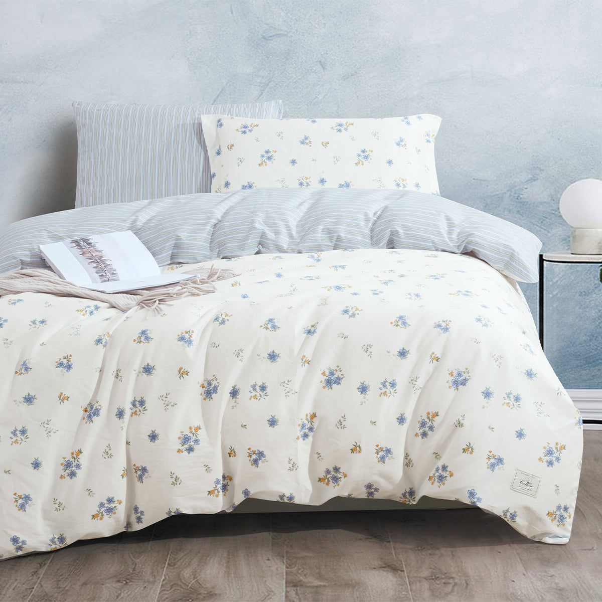 Blue Floral Microfiber Duvet Cover Set with Zipper Closure and Corner Ties | Soft Lightweight Bedding with Flat Sheet, Fitted Sheet, Pillowcases & Shams | Custom Sizes | Modern Country Bedroom Décor