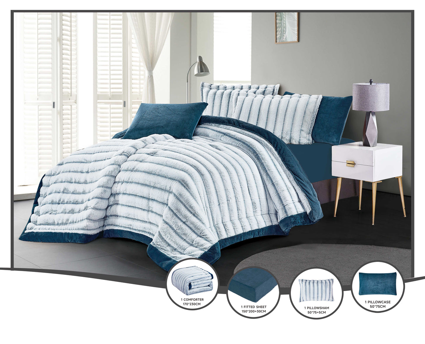 Luxury Blue Faux Fur Microfiber Comforter Set | Ultra-Soft, Warm, and Modern Bedding | Machine Washable & Dry Clean Safe | Custom Size Plush Duvet for Luxury Home D¨¦cor