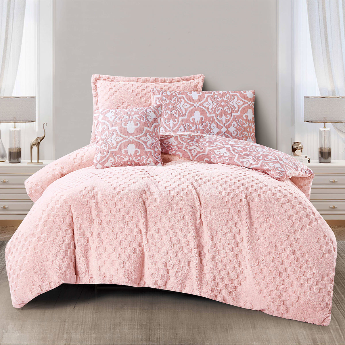 Luxury Pink Microfiber Comforter Set | Textured Soft Bedding with Decorative Pillow Shams | Machine Washable and Dry Clean | Custom Size Plush Duvet for Elegant Bedroom D¨¦cor