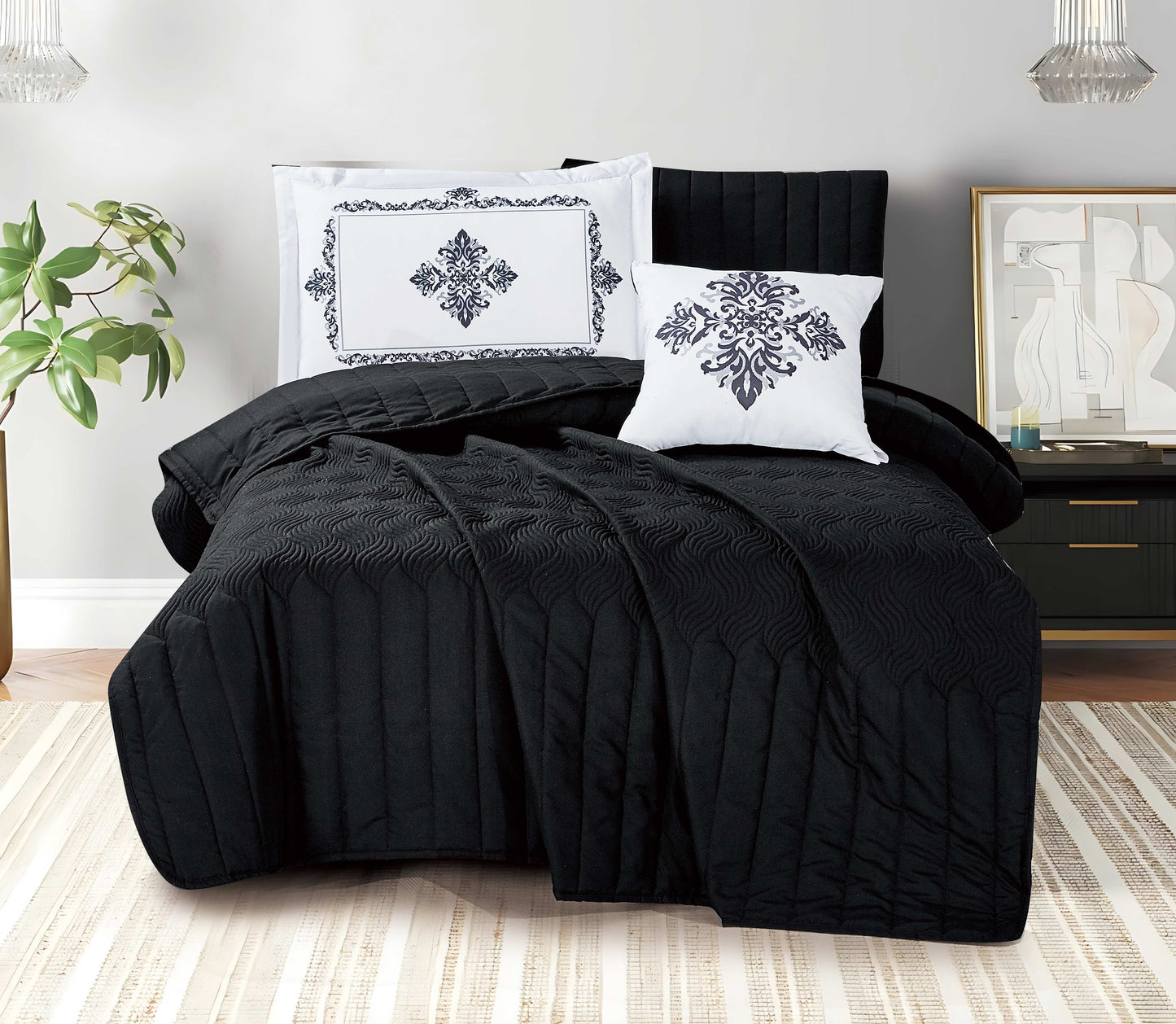 Blue Microfiber Quilted Bedspread Set | Soft All-Season Bedding with 1 Bedspread, 2 Pillowcases & 2 Shams | Elegant Embroidered White Accents | Lightweight, Cozy Comfort | Twin–Cal King Sizes