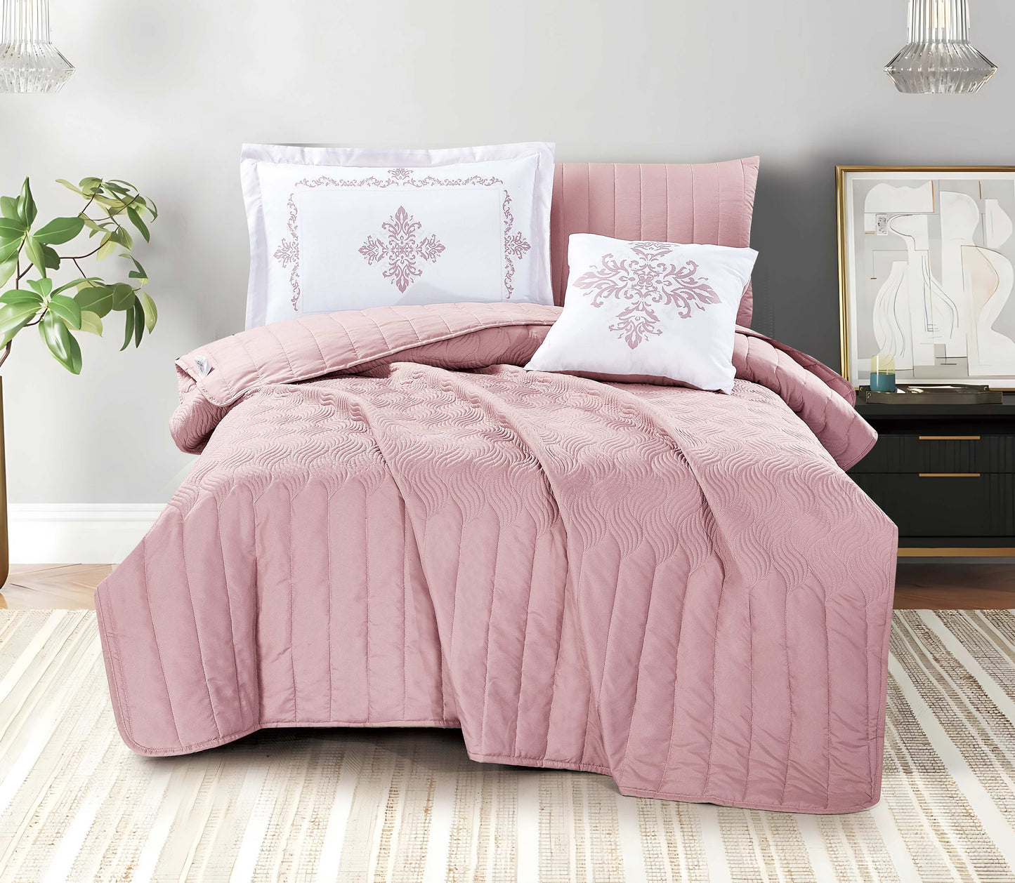 Blue Microfiber Quilted Bedspread Set | Soft All-Season Bedding with 1 Bedspread, 2 Pillowcases & 2 Shams | Elegant Embroidered White Accents | Lightweight, Cozy Comfort | Twin–Cal King Sizes