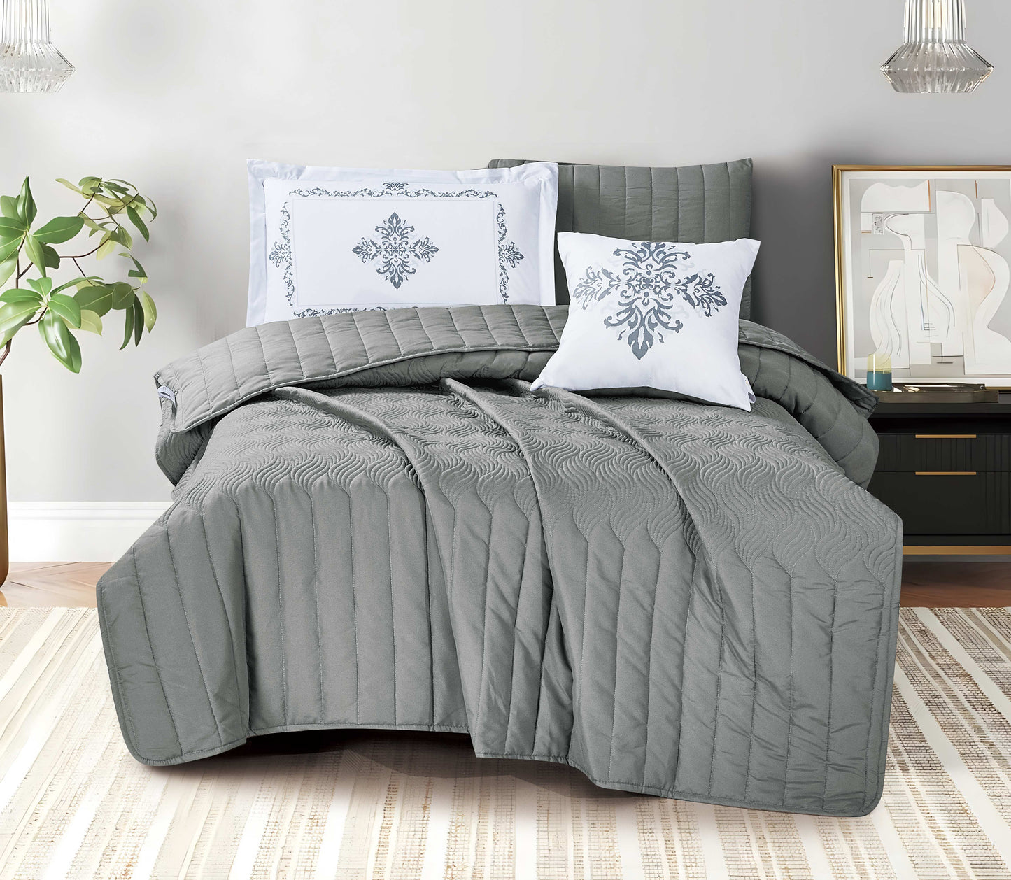 Blue Microfiber Quilted Bedspread Set | Soft All-Season Bedding with 1 Bedspread, 2 Pillowcases & 2 Shams | Elegant Embroidered White Accents | Lightweight, Cozy Comfort | Twin–Cal King Sizes
