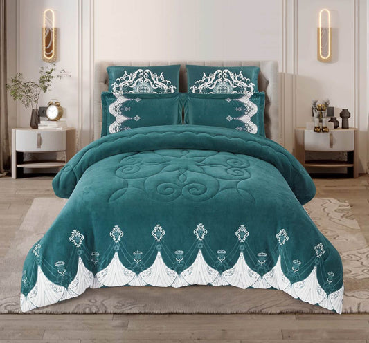 A luxury comforter set with 3D embroidery and lace trim, displayed on a bed in a room. The set includes a comforter, two pillowcases, and a bed笠, all in a matching design.
