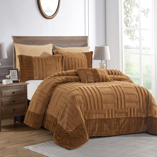 Brown textured comforter set on a bed in a bedroom with wooden nightstands and lamps.