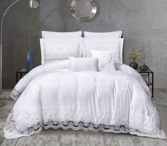 White Lace Comforter Set Queen Size – 7 Piece Luxury Embroidered Bedding with Lace Trim, Comforter, Fitted Sheet, China Bedding OEM Factory | Professional Quilt & Duvet Manufacturer