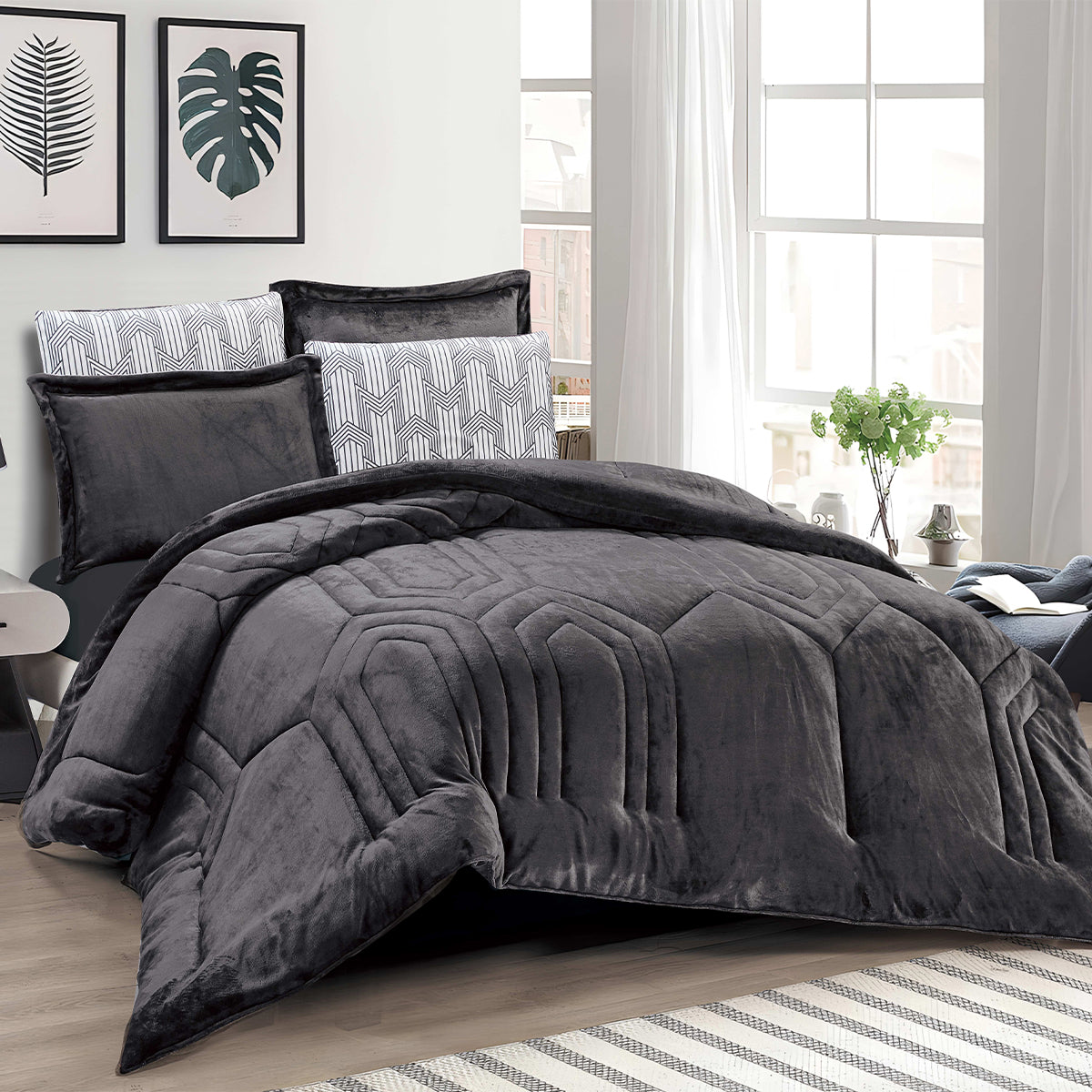 Luxury Charcoal Gray Microfiber Comforter Set | Modern Geometric Quilted Bedding with Pillow Shams | Machine Washable & Dry Clean Safe | Custom Size Plush Duvet for Luxury Home D¨¦cor
