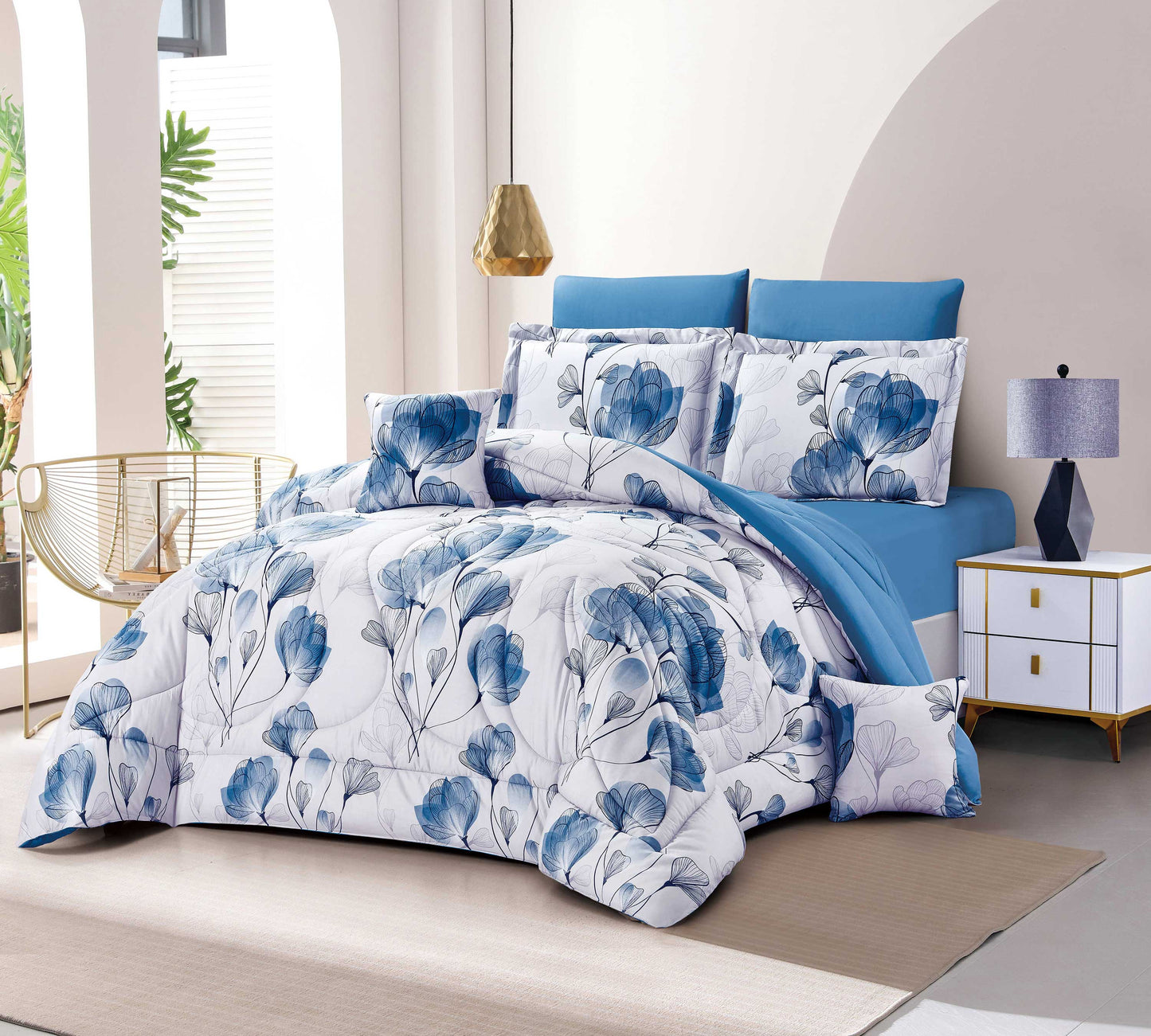 Blue Floral Pattern Bedding Set - Modern Style Comforter Set for Bedroom Decor - Bedding Factory&Supplier
