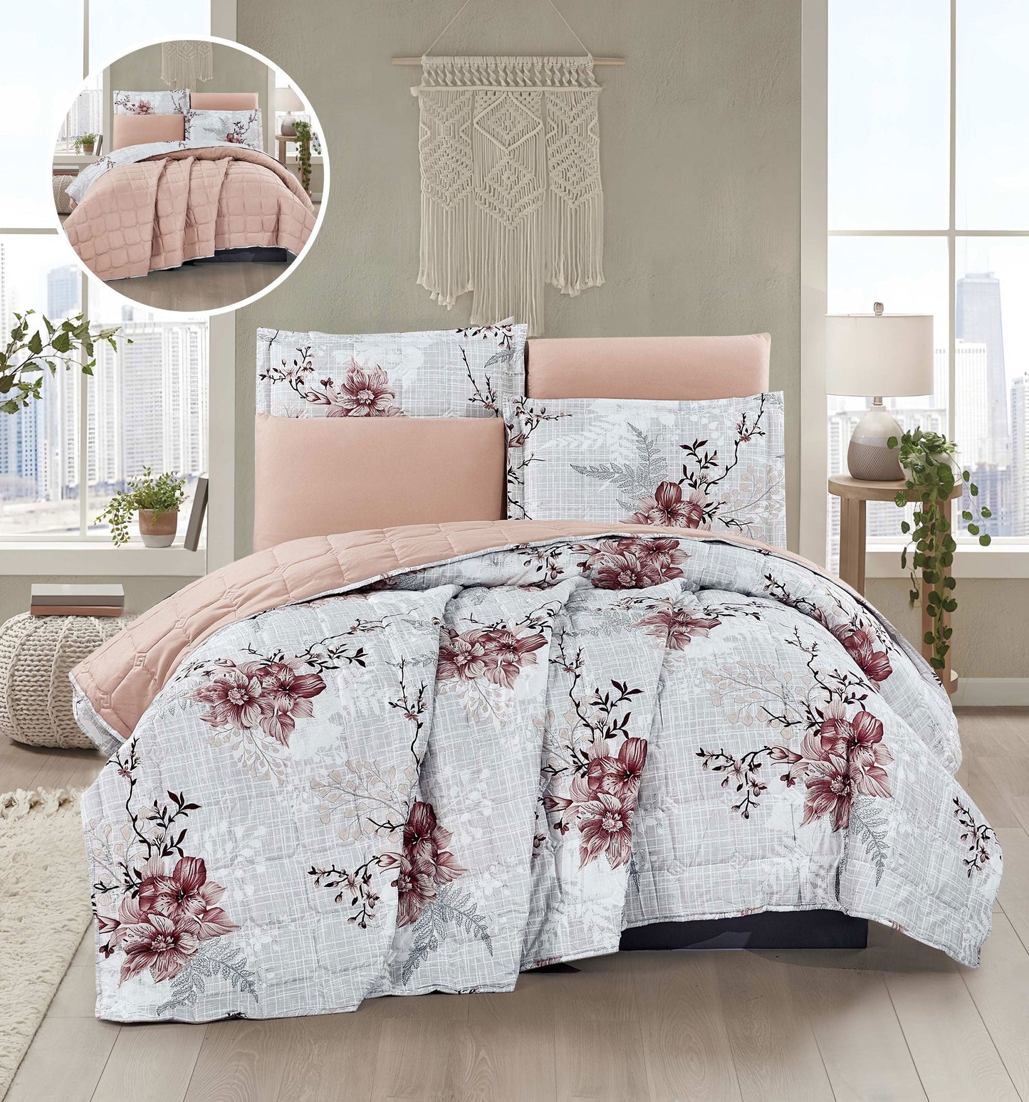 Boho Floral & Checkerboard 7 - Piece Quilt Bedding Set - Gray & Blush Pink with Red Flower Print, Reversible Quilt, Pillowcases & Decorative Shams - Bedding Factory&Supplier