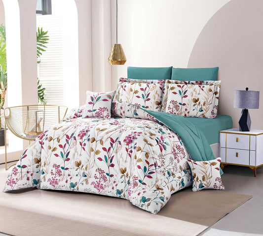 Botanical Watercolor Leaf & Floral Comforter Set with Teal Accent Pillowcases - 7 - Piece Bedding Collection (Queen/King Size) - Bedding Factory&Supplier