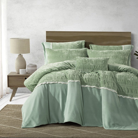 7-Piece Comforter Set, Textured Green Design with Lace, Includes Comforter, Pillowcases, and Cushions