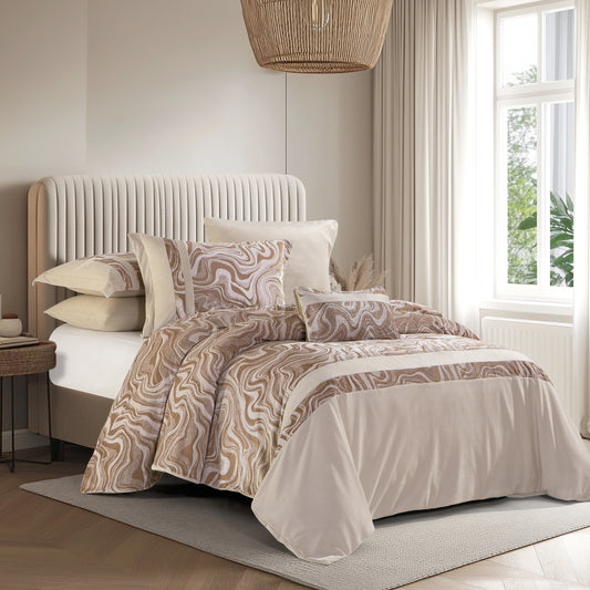 7-Piece Comforter Set, Abstract Beige and Brown Design, Includes Comforter, Pillowcases, and Cushions