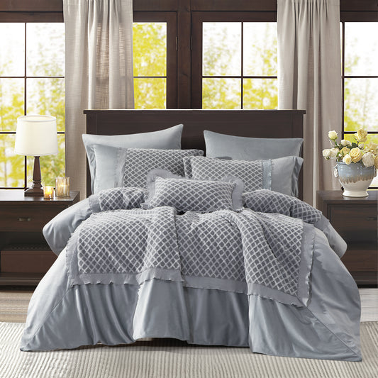 7-Piece Comforter Set, Grey Geometric Design, Includes Comforter, Pillowcases, and Cushions